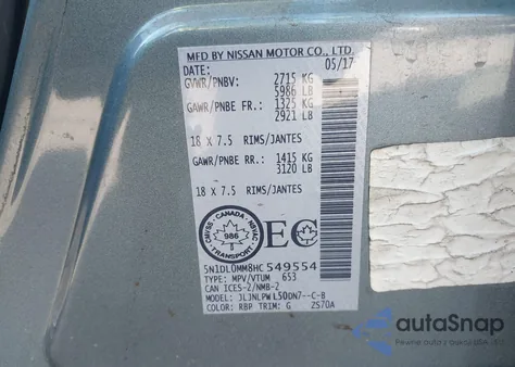 2017 Infiniti Qx60 z USA, uszkodzony, nr VIN 5N1DL0MM8HC549554